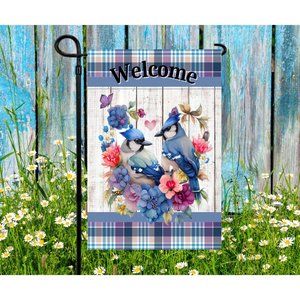 Welcome Blue Jay Bird Garden Flag